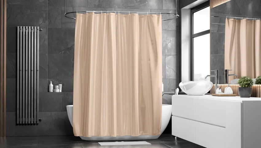 Bathroom with extra wide curtain, vanity mirror, sink, faucet, and windows