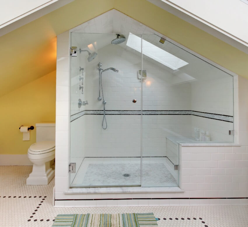 Bathroom with large tiled shower room and vaulted ceiling