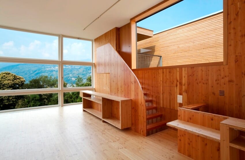 Beautiful ecological house interior with amazing overlooking view and knotty pine wood floors and walls
