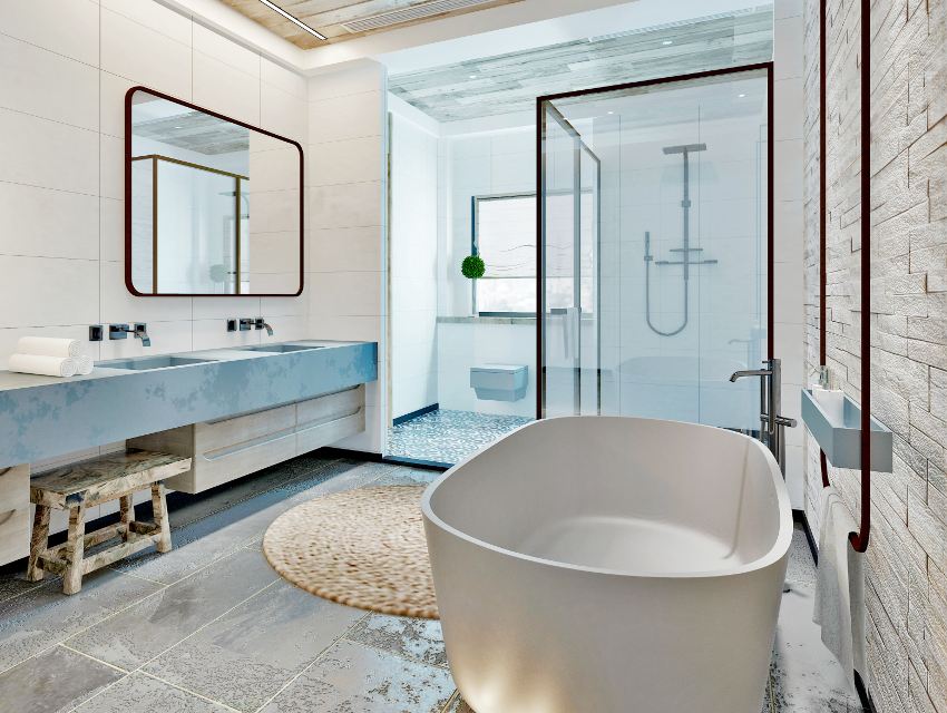 A clean modern bathroom interior with bathtub, white walls and shower with glass doors and wooden tile ceiling