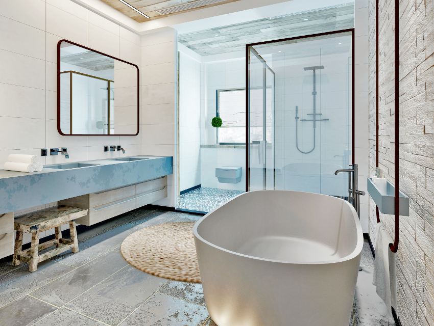 A clean modern bathroom with bathtub, white walls and shower and wooden tile ceiling