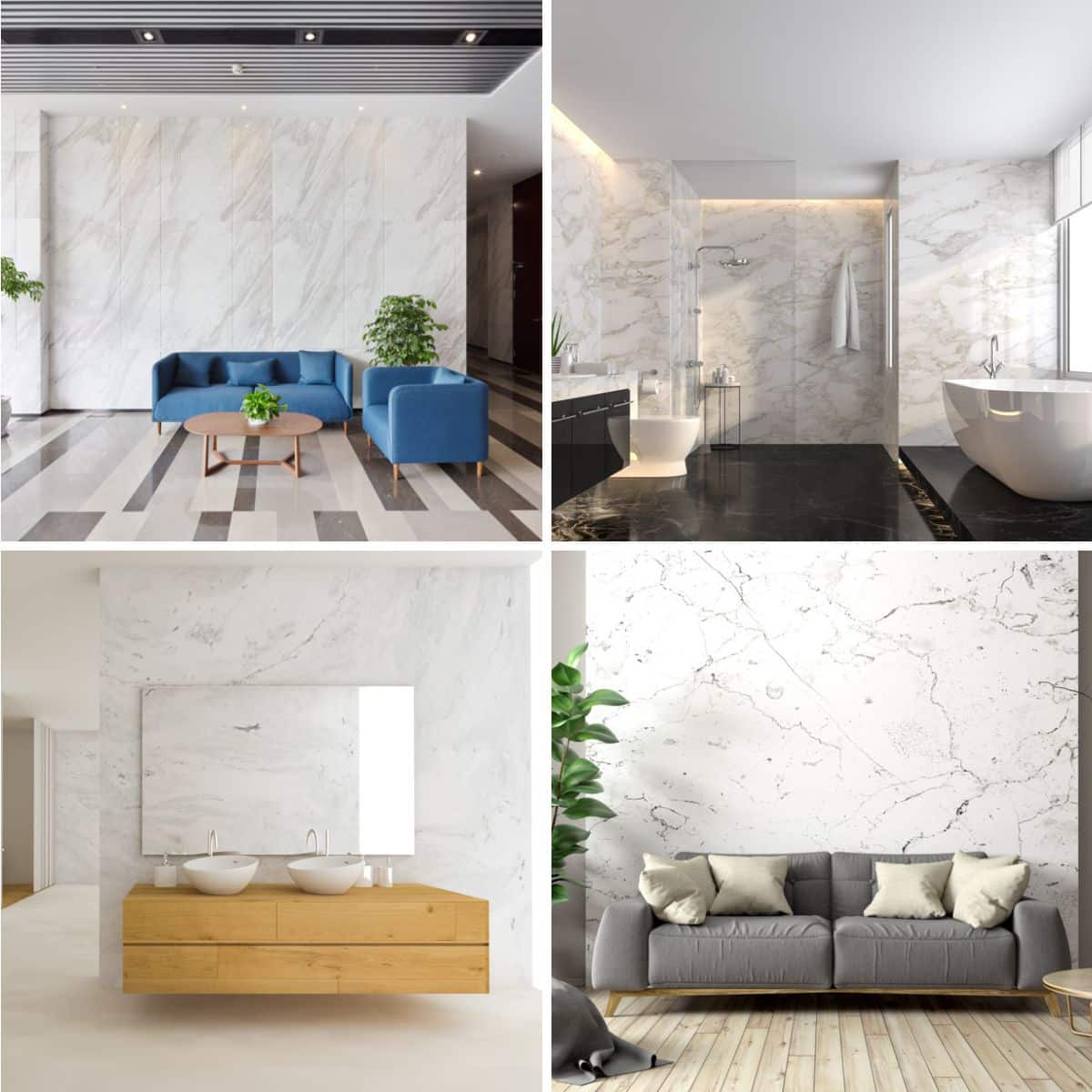 different rooms with bookmatched porcelain