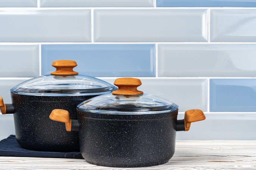 Granite cookware set on kitchen counter