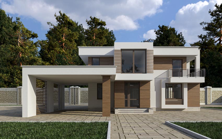 House exterior with drive through garage, flat roof, front door, and windows