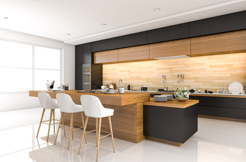 Kitchen with bamboo tile backsplash