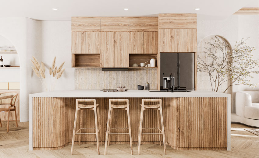 Kitchen with fluted island, peninsula seating, stools, bamboo backsplash, wood cabinets, and countertop