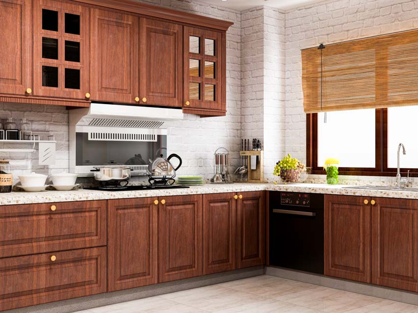 Kitchen with shaker-style Walnut cabinets, wood shades, window, countertop, range hood, and faucet