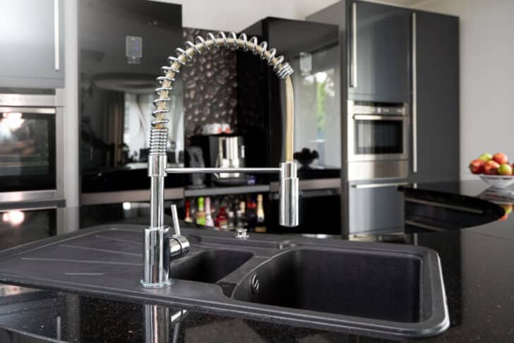 Pros And Cons Of Touchless Kitchen Faucets   Kitchen With Sink Black Countertop Backsplash Oven And Touchless Faucet Is 728x486 