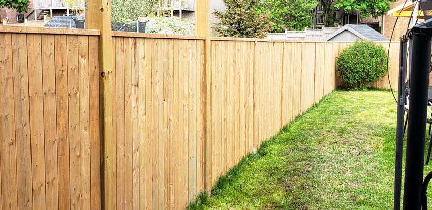 Light wood side by side fence installed next to a grassy yard