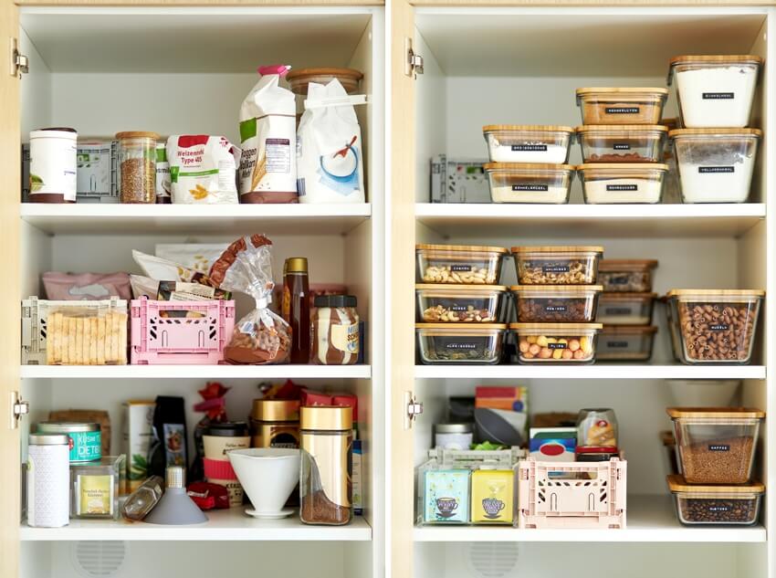 Clean and organized pantry cabinet with lots of food 
