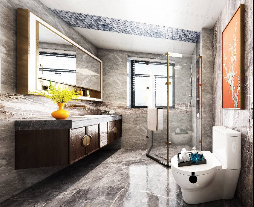 Marble wall and ceiling bathroom with floating countertop, mirror, toilet and shower with glass doors and tile overhead ceiling 