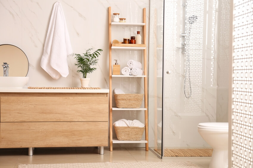 A modern bathroom with care essentials, decorative ladder, and shower stall