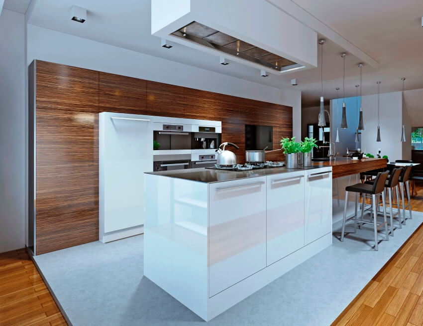 Kitchen with Read to Assemble cabinets, laminated wall and stools