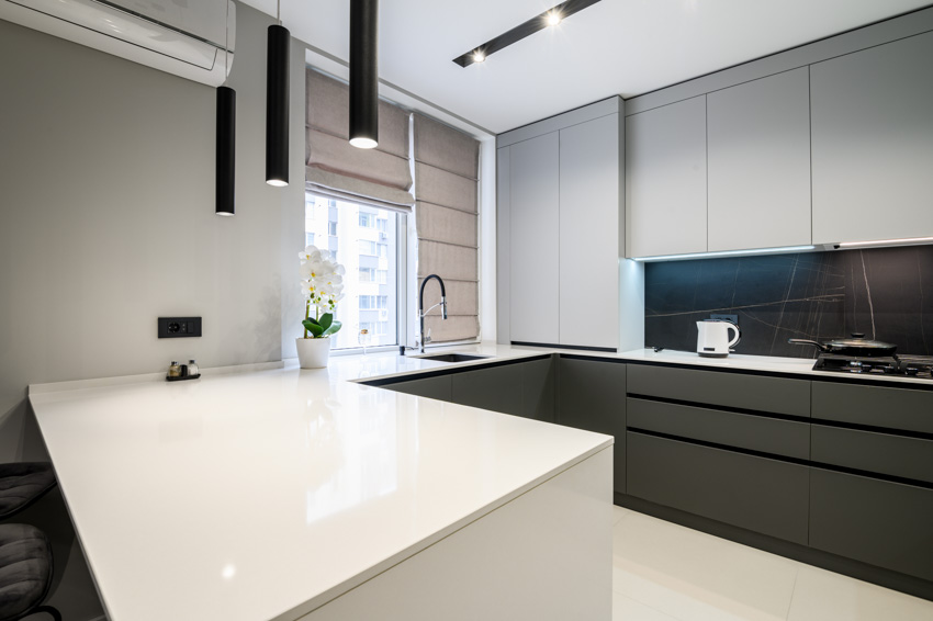 Modern kitchen with countertop, cabinets, backsplash, pendant lights, and Roman shades