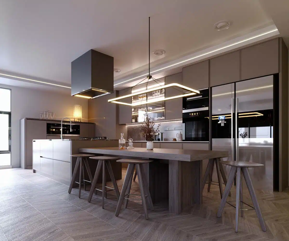 modern kitchen with table herringbone floor and refrigerator