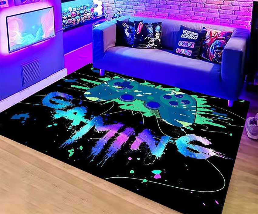 Neon carpet for gaming rooms with couch, and television