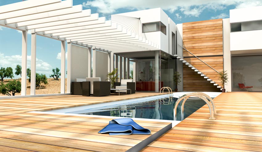 Modern home with wood deck, pool, pergola, and privacy divider screen