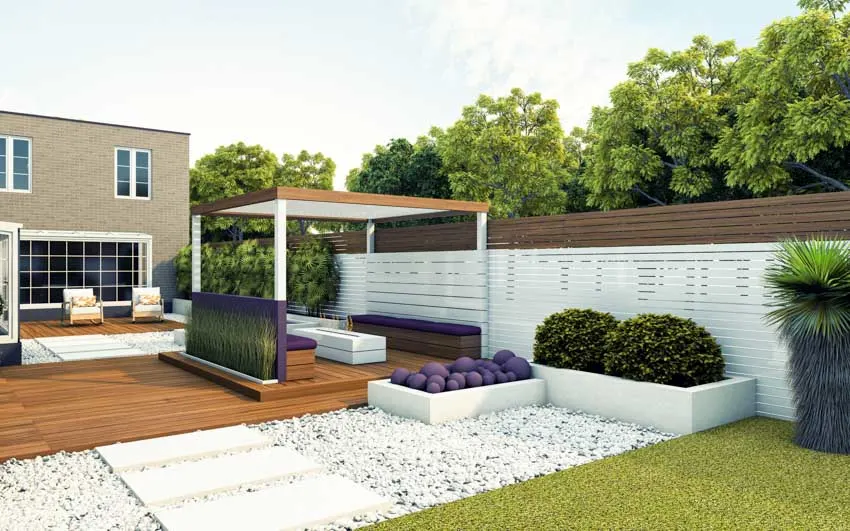 Outdoor deck with pergola, plant beds, shutter privacy wall, and wood flooring