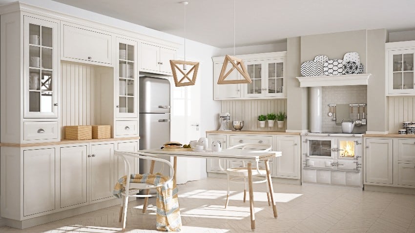 Scandinavian classic white kitchen with wooden details and white shiplap kitchen backsplash