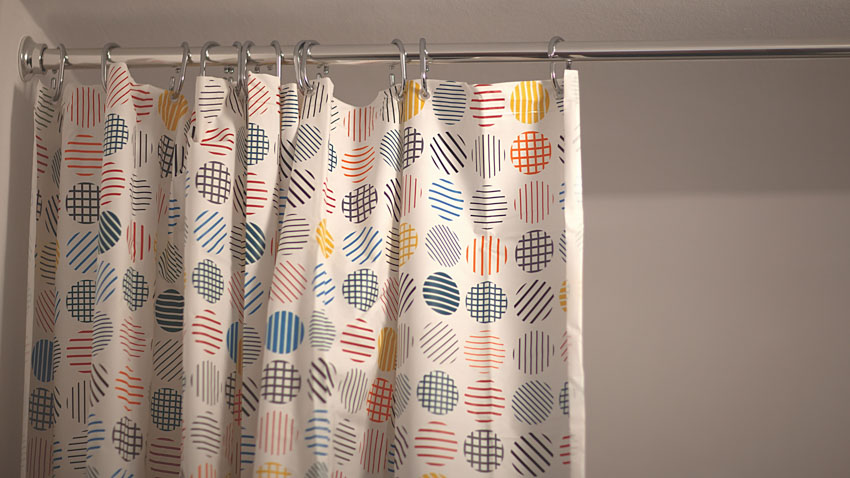 Shower curtain with hooks, and rod for bathrooms