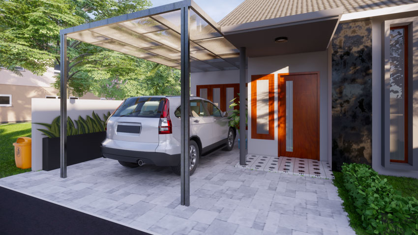 Small carport for house exteriors with driveway, and front door