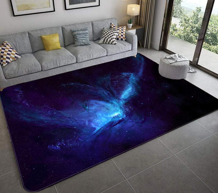 Space carpet for lounge room with couch, end table, lamp, and window