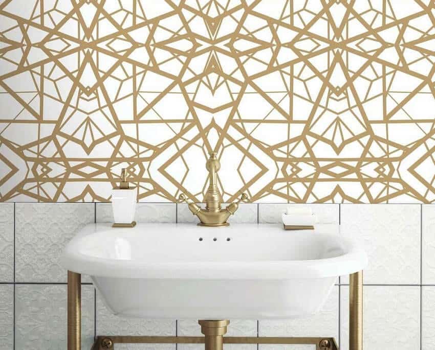 White and metallic gold shatter geometric peel and stick wallpaper