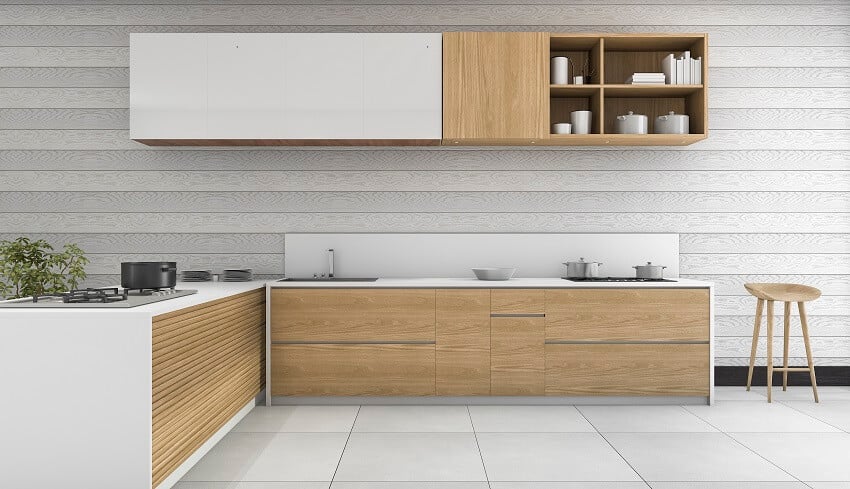 Kitchen with modular cabinets. ceramic floor tiles and stool