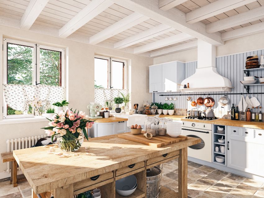 Kitchen with wooden island, vertical shiplap and curtain