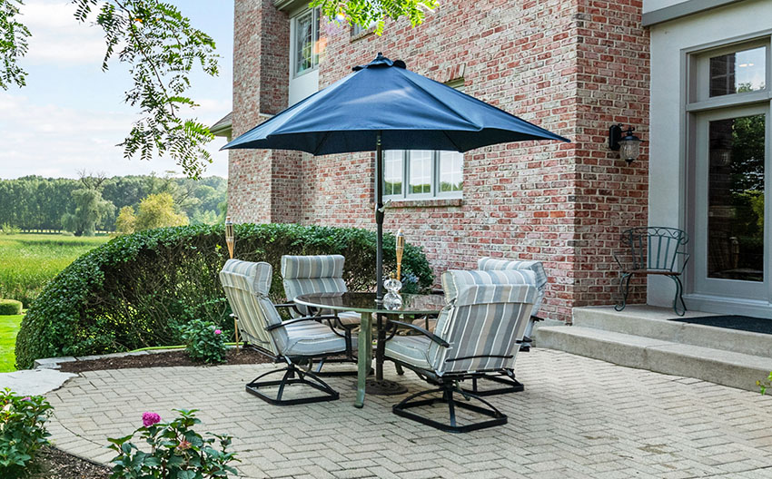 Patio With Glass Table With Umbrella Brick Wall Brick Pavers Flooring Ss 