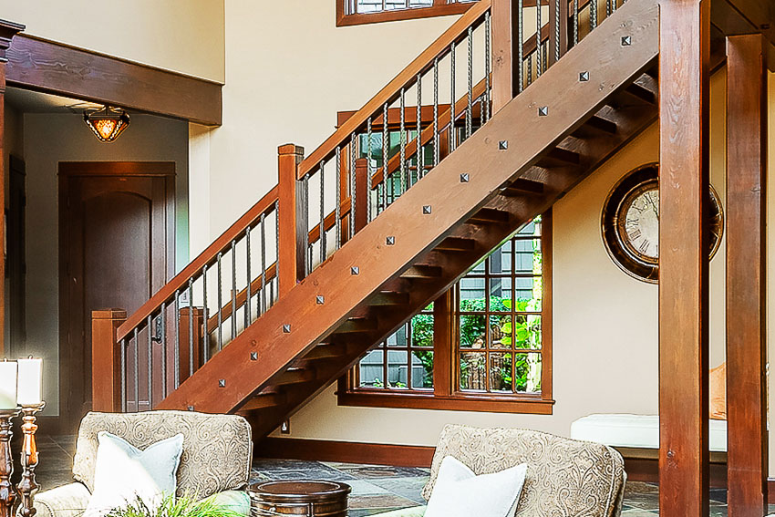  Rustic stairs with metal rail clavos nails