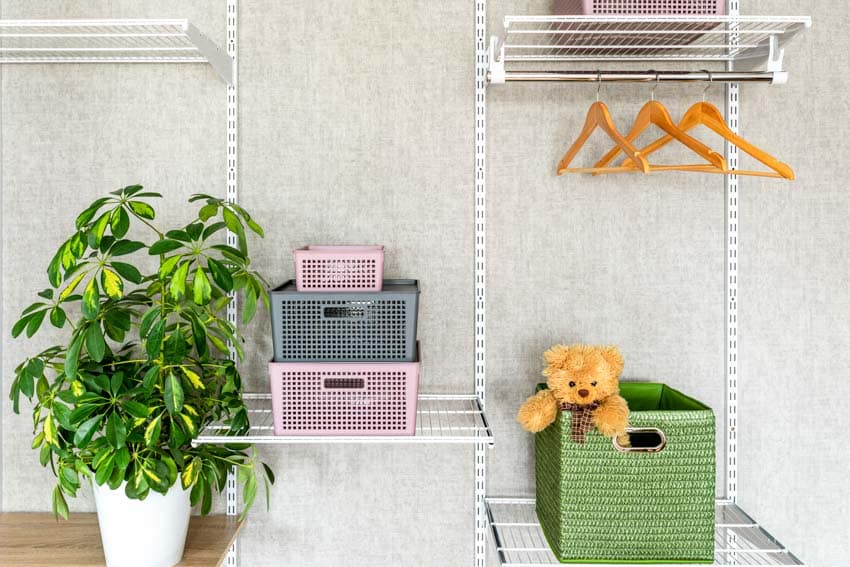Adjustable shelves with a potted plant, and boxes installed on a wall