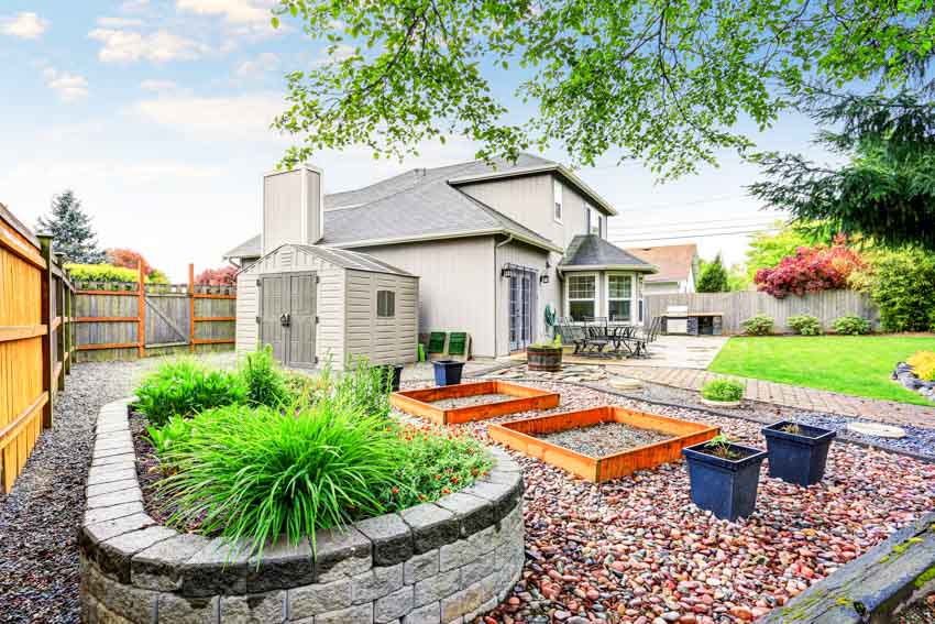 River rock with raised planters