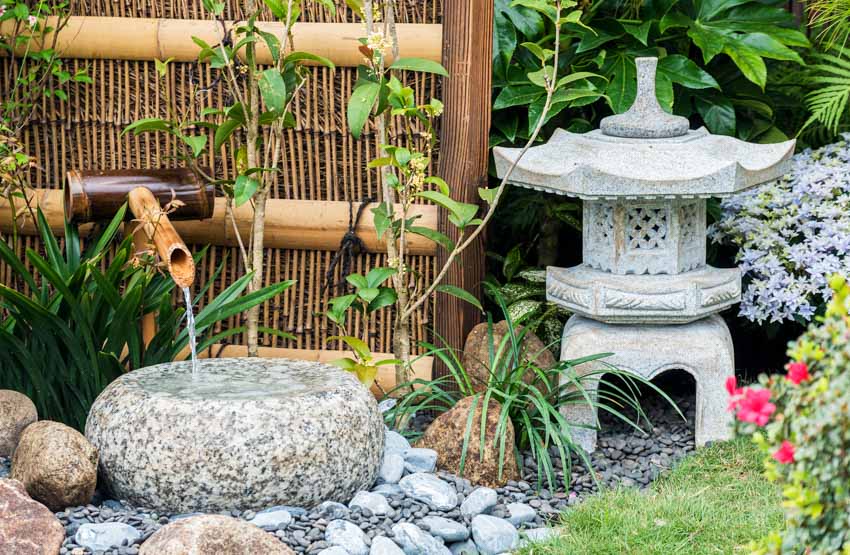 Backyard with Japanese fountain, rocks and bamboo fence