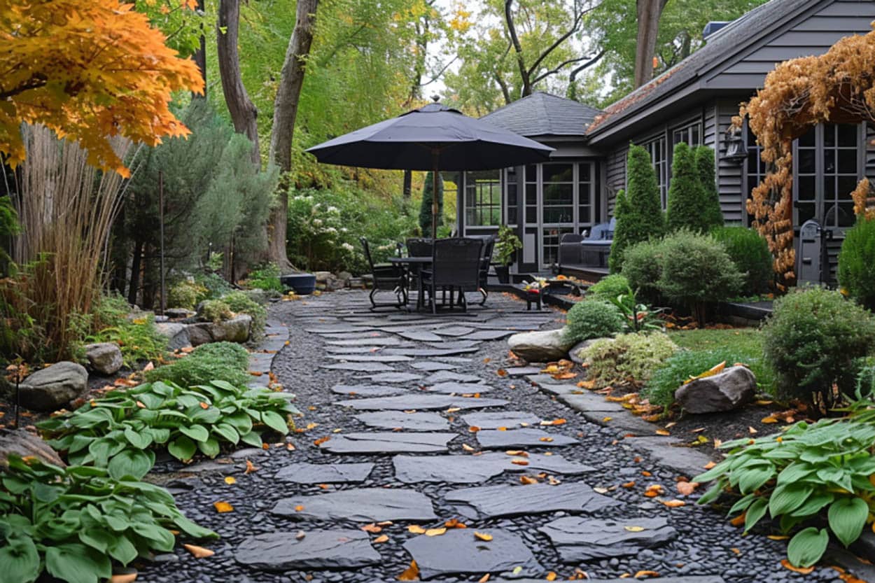 slate pavers and small stones to create patio