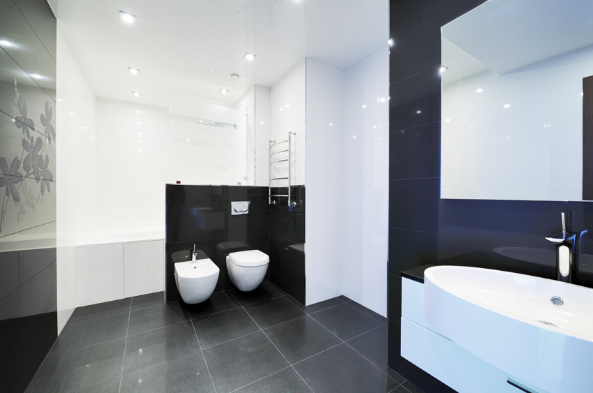 Modern bathroom with large tiles, glass panels on walls, toilet, bidet, sink, faucet, and mirror