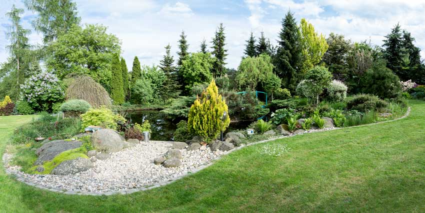 Beautiful landscaped area with trees, grassy field, plants, and landscaping rocks