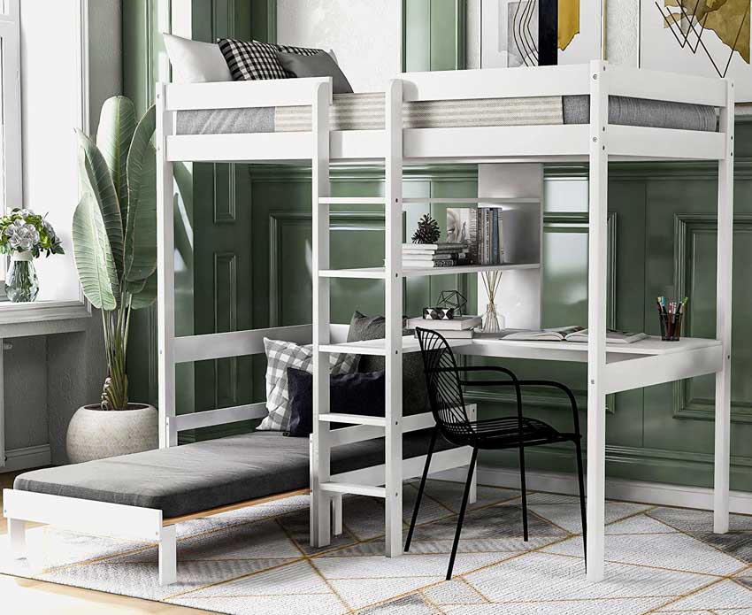Bedroom with convertible bunk, desk, chair, window, and green walls