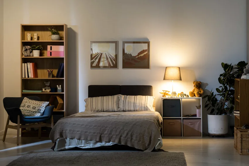 Bedroom with cube storage, lamp, headboard, indoor plant, chair, and bookshelves