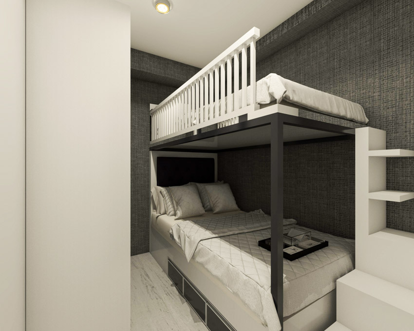 Bedroom with full over full bunk bed, mattress, bedsheet, and pillows