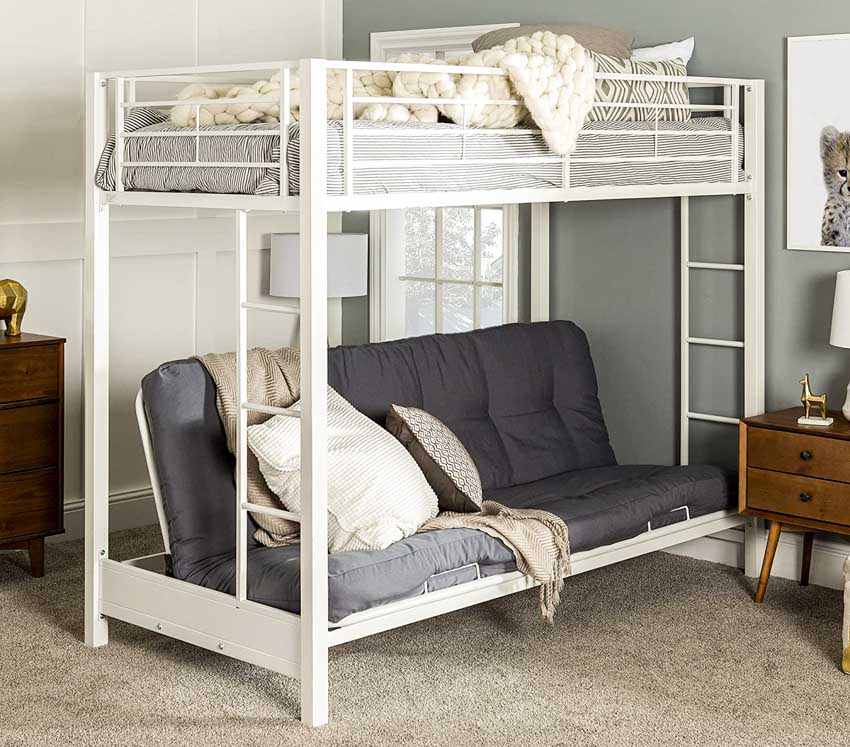 Bedroom with futon bunk, mattress, carpet floor, nightstand, and window