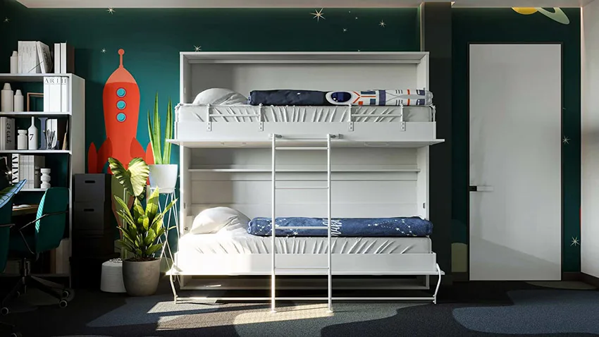 Bedroom with mattresses, pillows, indoor plant, shelves, and Murphy bunks