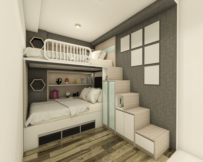 Bunk bed with stairs in a bedroom with wood floor, mattresses, and pillows
