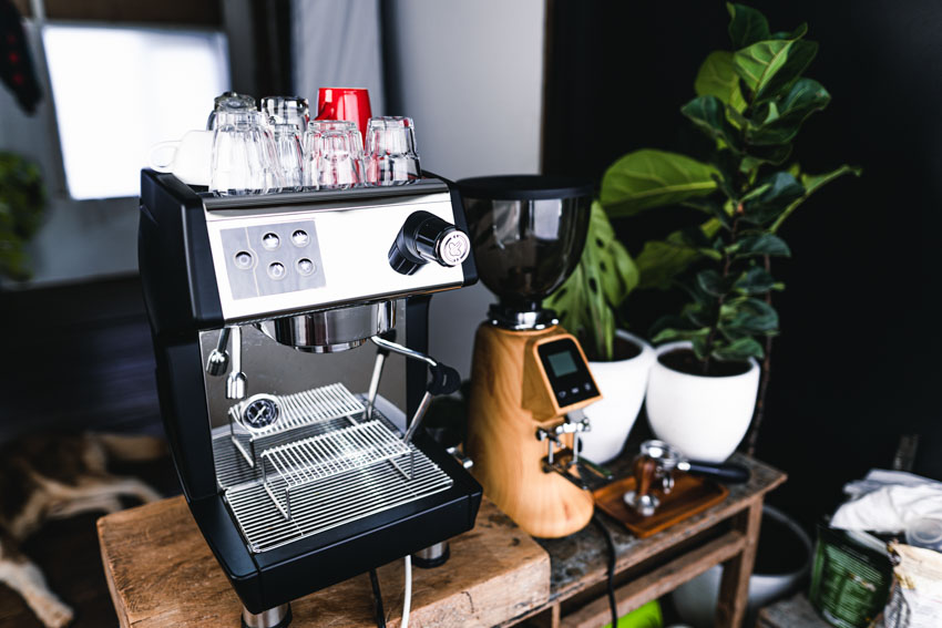 Coffee bar with indoor plants, grinder, and espresso coffee maker