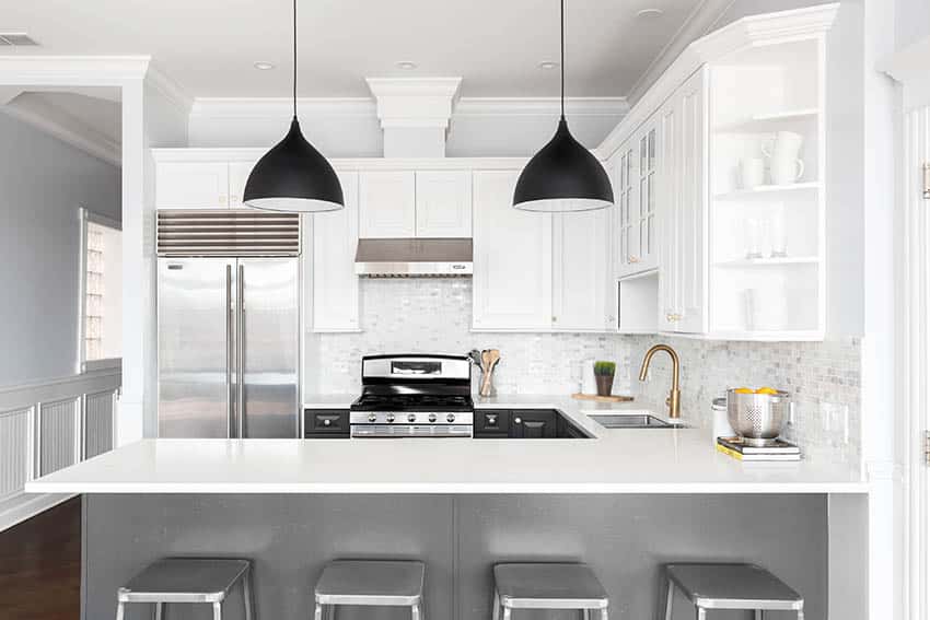 Contemporary kitchen with peninsula seating, and grey and white cabinets