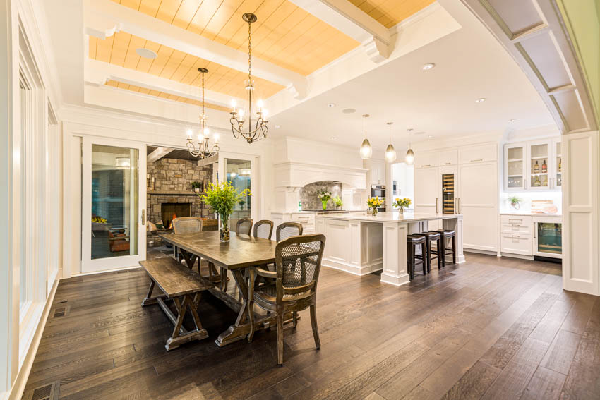 Ceiling hardie board, wood floors, and chandeliers