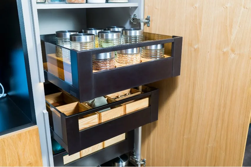 Food in containers stored in plug in drawers of deep shelves pantry