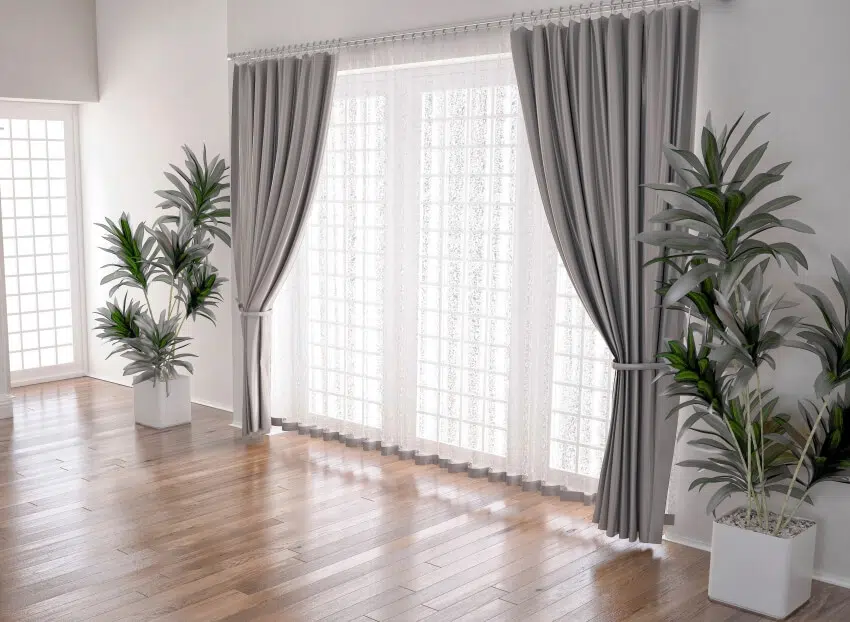 Interior of spacious room with double layered sheer curtains, potted plants and white walls