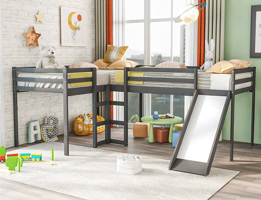 Kid's bedroom with corner or L shaped bunk bed, toys, and windows