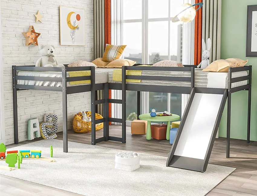 Bedroom with corner or L shaped bunk bed, toys, and windows